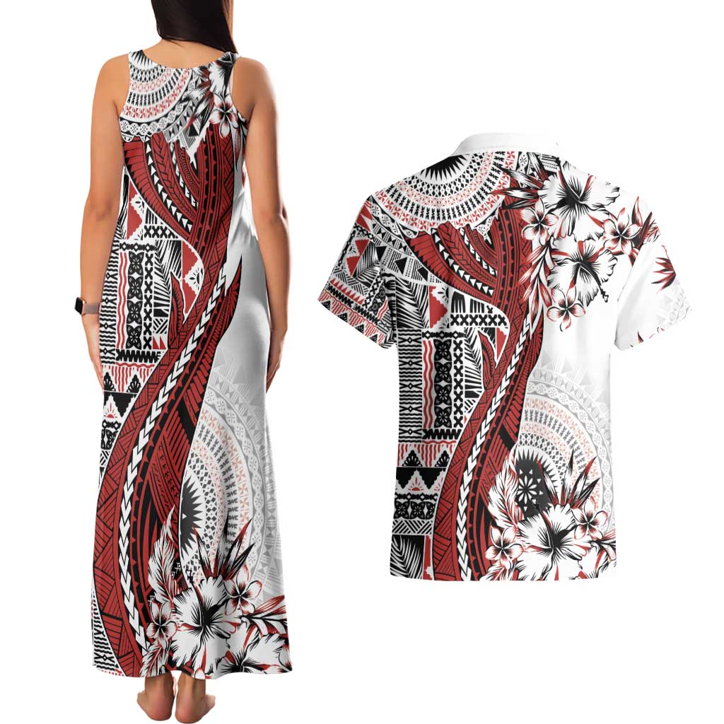 Bula Fiji Couples Matching Tank Maxi Dress and Hawaiian Shirt Shark Tail White Masi Tapa LT7 - Polynesian Pride