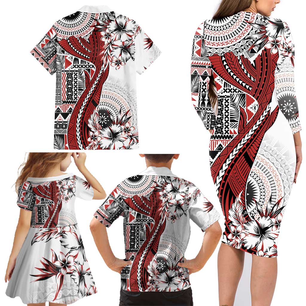 Bula Fiji Family Matching Long Sleeve Bodycon Dress and Hawaiian Shirt Shark Tail White Masi Tapa LT7 - Polynesian Pride