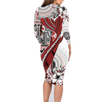 Bula Fiji Family Matching Long Sleeve Bodycon Dress and Hawaiian Shirt Shark Tail White Masi Tapa LT7 - Polynesian Pride