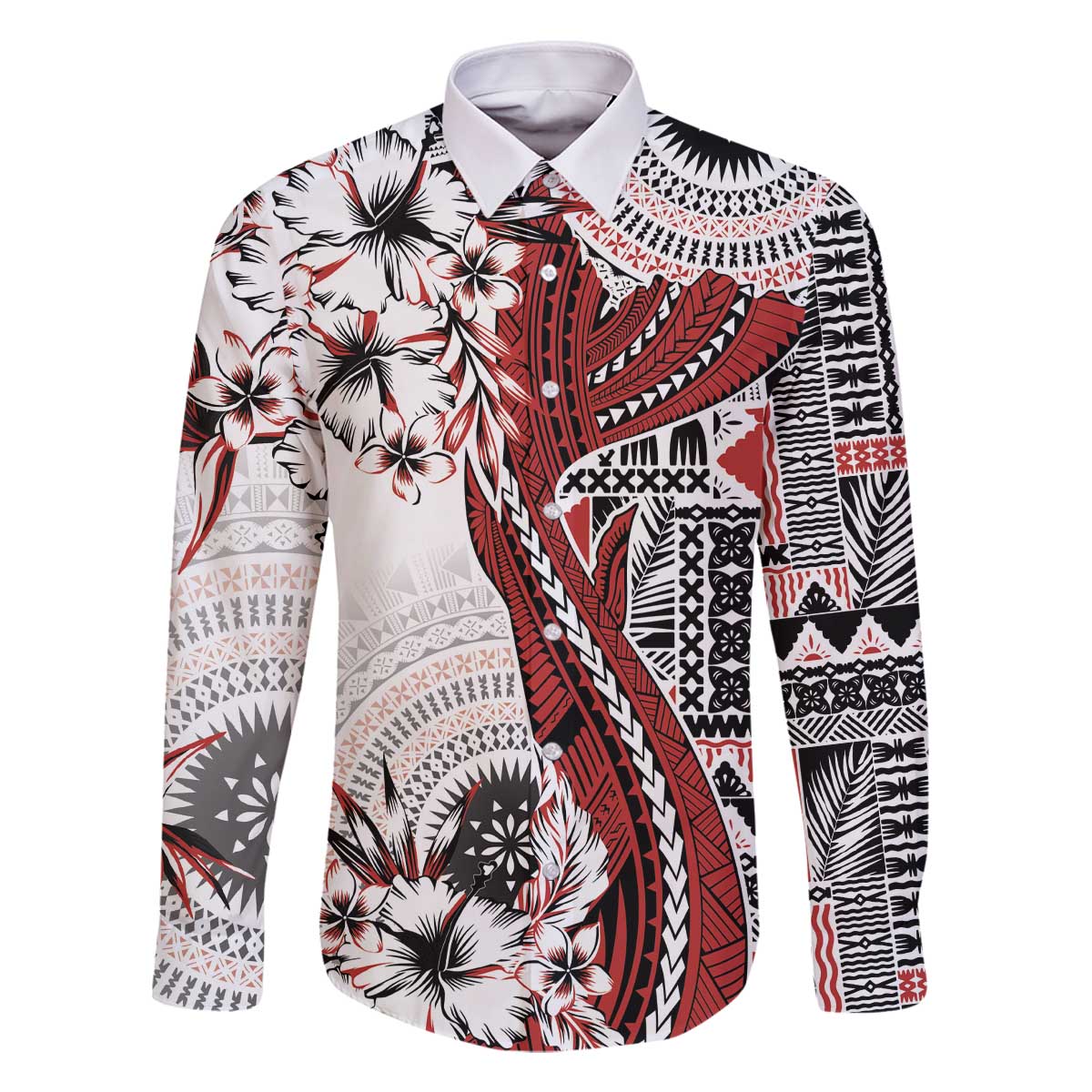 Bula Fiji Family Matching Off The Shoulder Long Sleeve Dress and Hawaiian Shirt Shark Tail White Masi Tapa LT7 Dad's Shirt - Long Sleeve White - Polynesian Pride