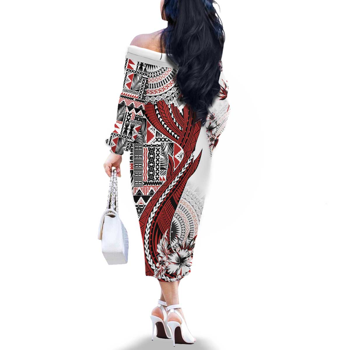 Bula Fiji Family Matching Off The Shoulder Long Sleeve Dress and Hawaiian Shirt Shark Tail White Masi Tapa LT7 - Polynesian Pride