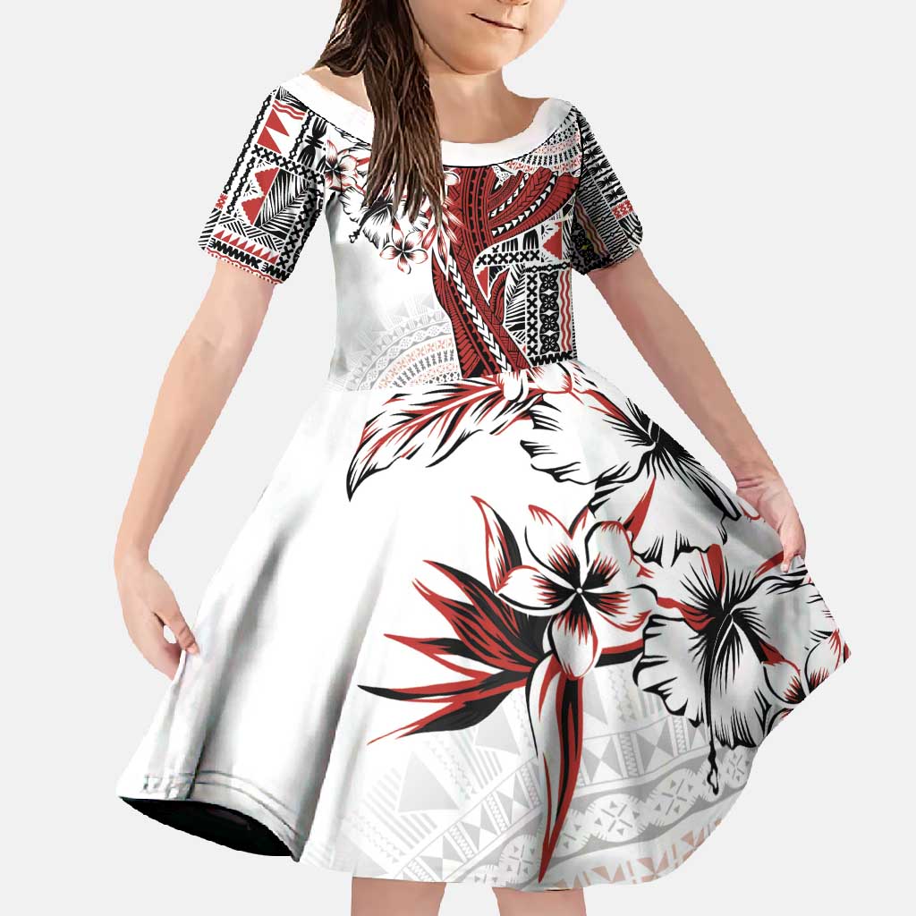 Bula Fiji Family Matching Off Shoulder Maxi Dress and Hawaiian Shirt Shark Tail White Masi Tapa LT7 Daughter's Dress White - Polynesian Pride