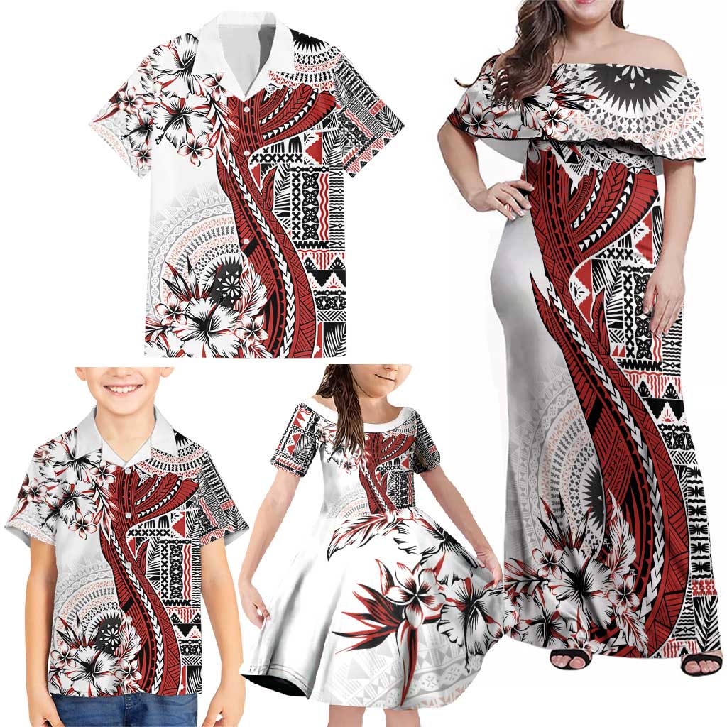 Bula Fiji Family Matching Off Shoulder Maxi Dress and Hawaiian Shirt Shark Tail White Masi Tapa LT7 - Polynesian Pride