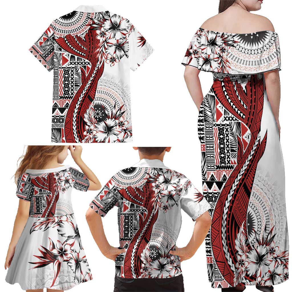 Bula Fiji Family Matching Off Shoulder Maxi Dress and Hawaiian Shirt Shark Tail White Masi Tapa LT7 - Polynesian Pride