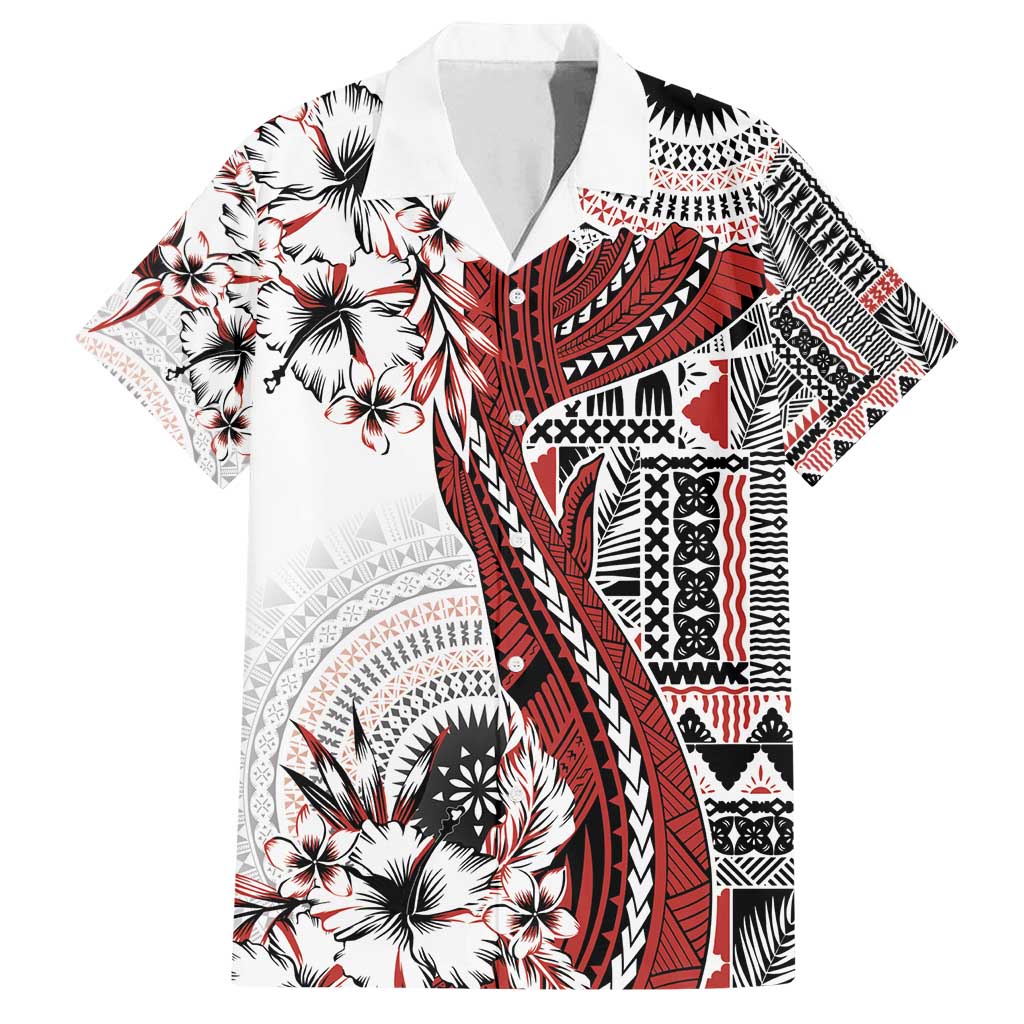 Bula Fiji Family Matching Off Shoulder Maxi Dress and Hawaiian Shirt Shark Tail White Masi Tapa LT7 Dad's Shirt - Short Sleeve White - Polynesian Pride