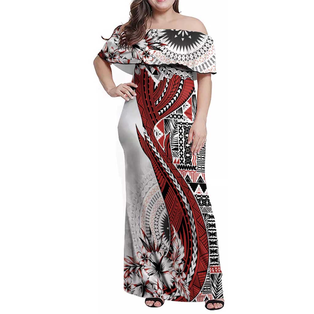 Bula Fiji Family Matching Off Shoulder Maxi Dress and Hawaiian Shirt Shark Tail White Masi Tapa LT7 Mom's Dress White - Polynesian Pride