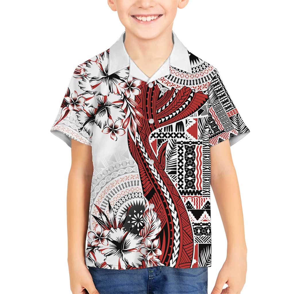Bula Fiji Family Matching Off Shoulder Maxi Dress and Hawaiian Shirt Shark Tail White Masi Tapa LT7 Son's Shirt White - Polynesian Pride