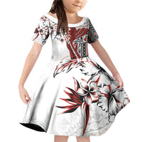 Bula Fiji Family Matching Off Shoulder Short Dress and Hawaiian Shirt Shark Tail White Masi Tapa LT7 Daughter's Dress White - Polynesian Pride
