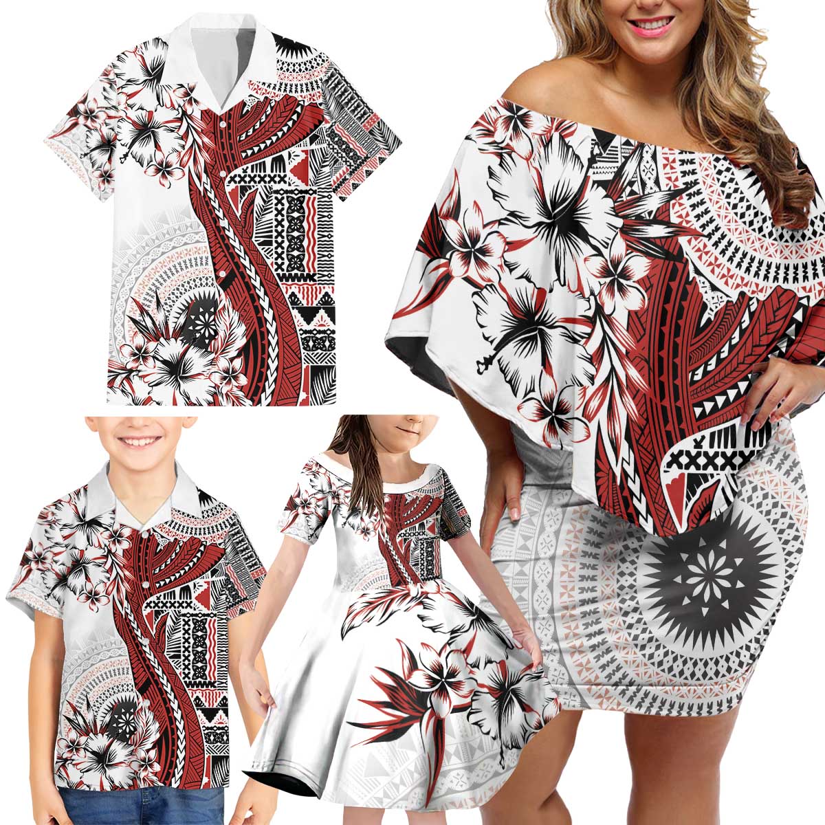 Bula Fiji Family Matching Off Shoulder Short Dress and Hawaiian Shirt Shark Tail White Masi Tapa LT7 - Polynesian Pride