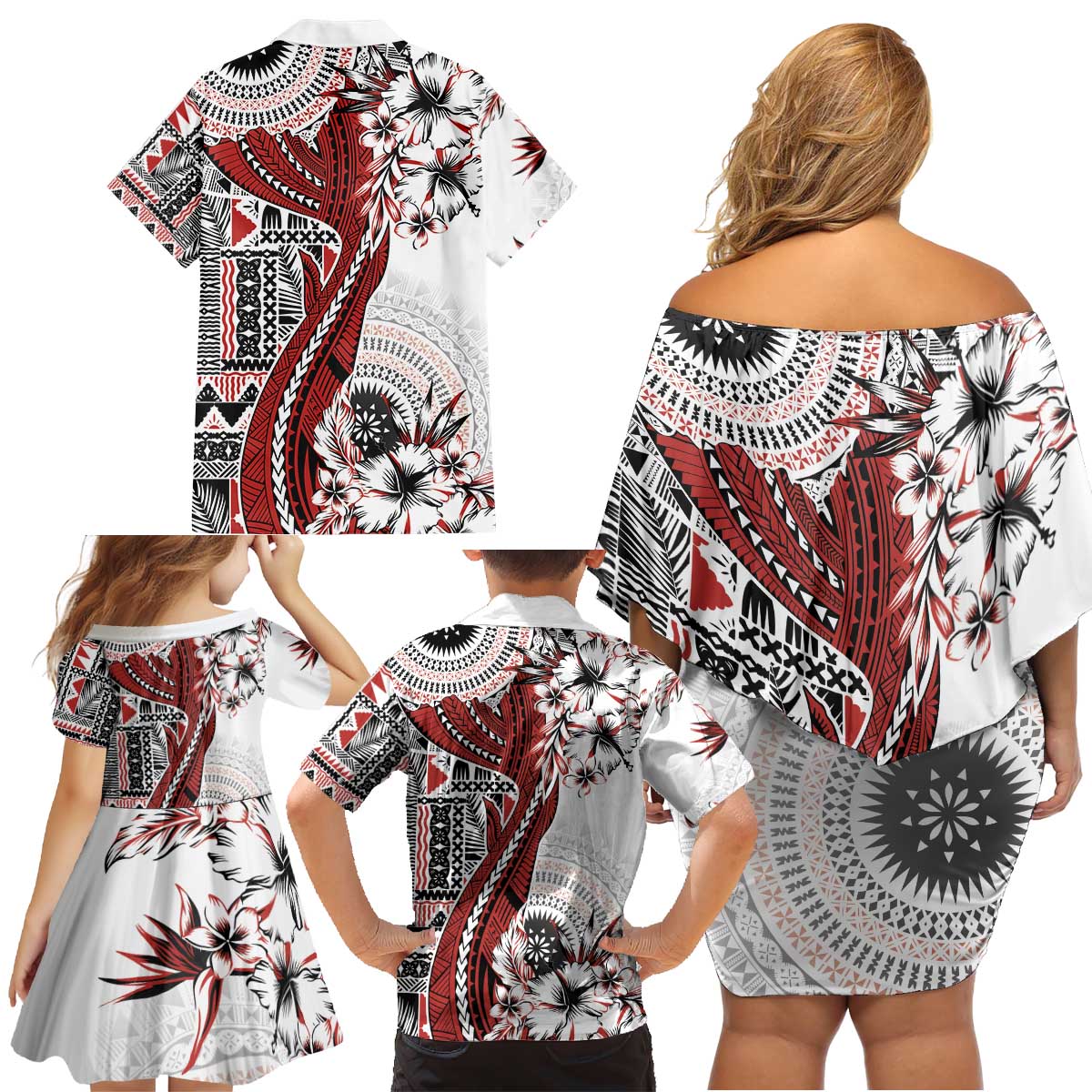 Bula Fiji Family Matching Off Shoulder Short Dress and Hawaiian Shirt Shark Tail White Masi Tapa LT7 - Polynesian Pride