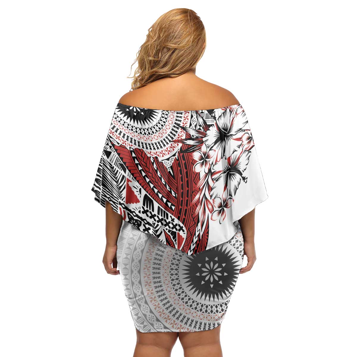 Bula Fiji Family Matching Off Shoulder Short Dress and Hawaiian Shirt Shark Tail White Masi Tapa LT7 - Polynesian Pride