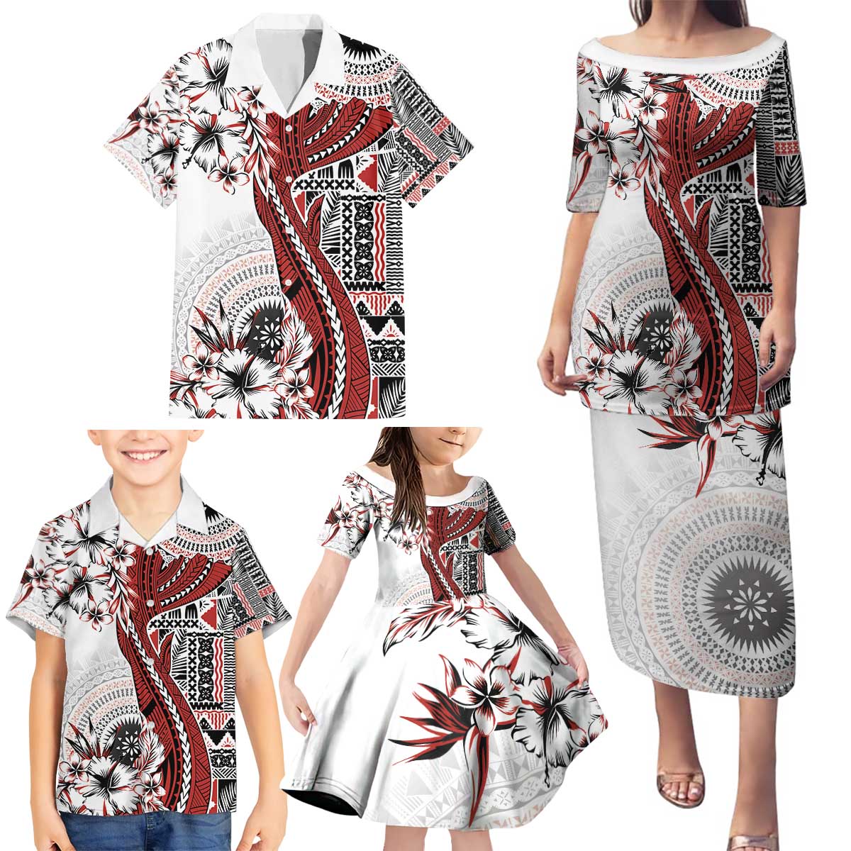 Bula Fiji Family Matching Puletasi and Hawaiian Shirt Shark Tail White Masi Tapa LT7 - Polynesian Pride
