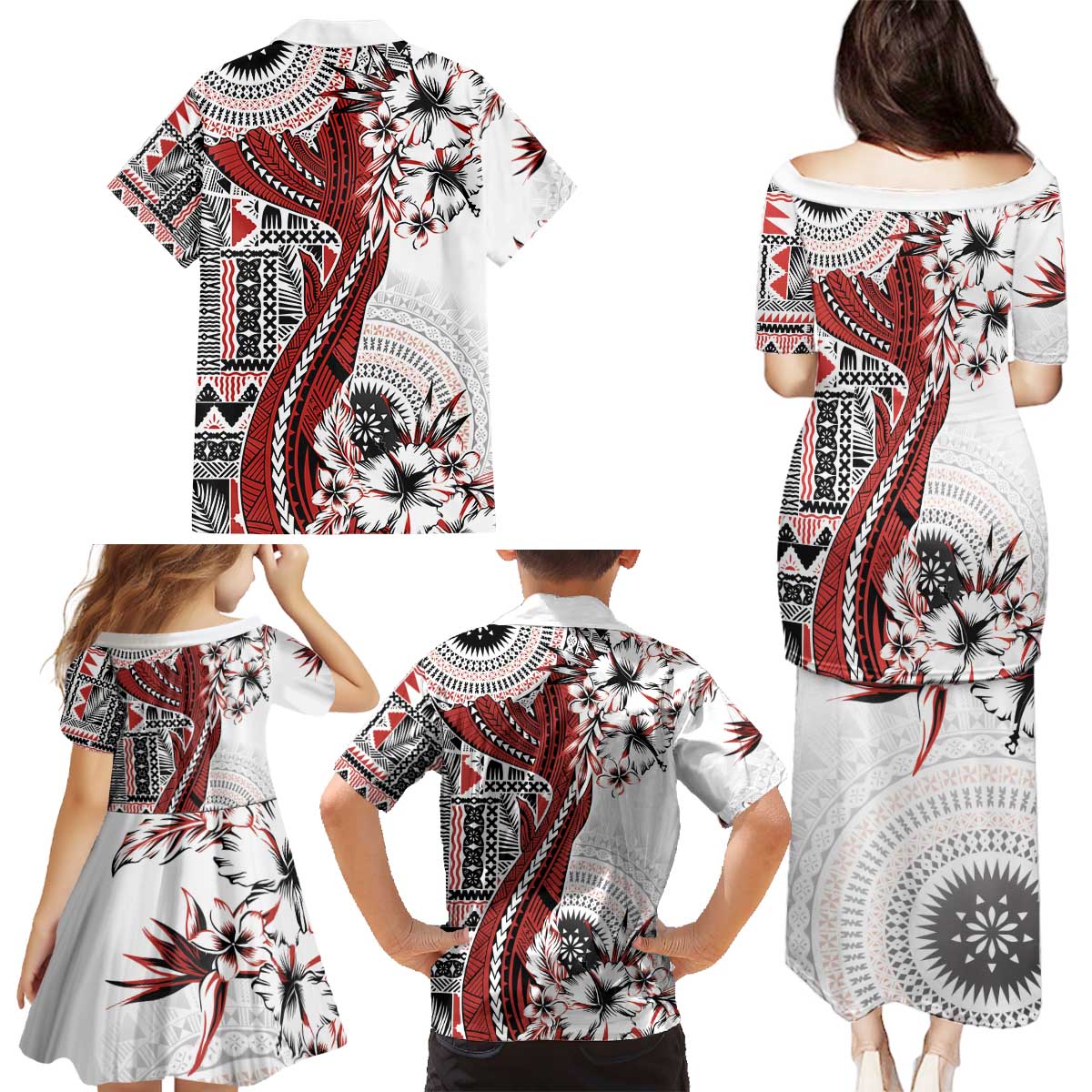 Bula Fiji Family Matching Puletasi and Hawaiian Shirt Shark Tail White Masi Tapa LT7 - Polynesian Pride