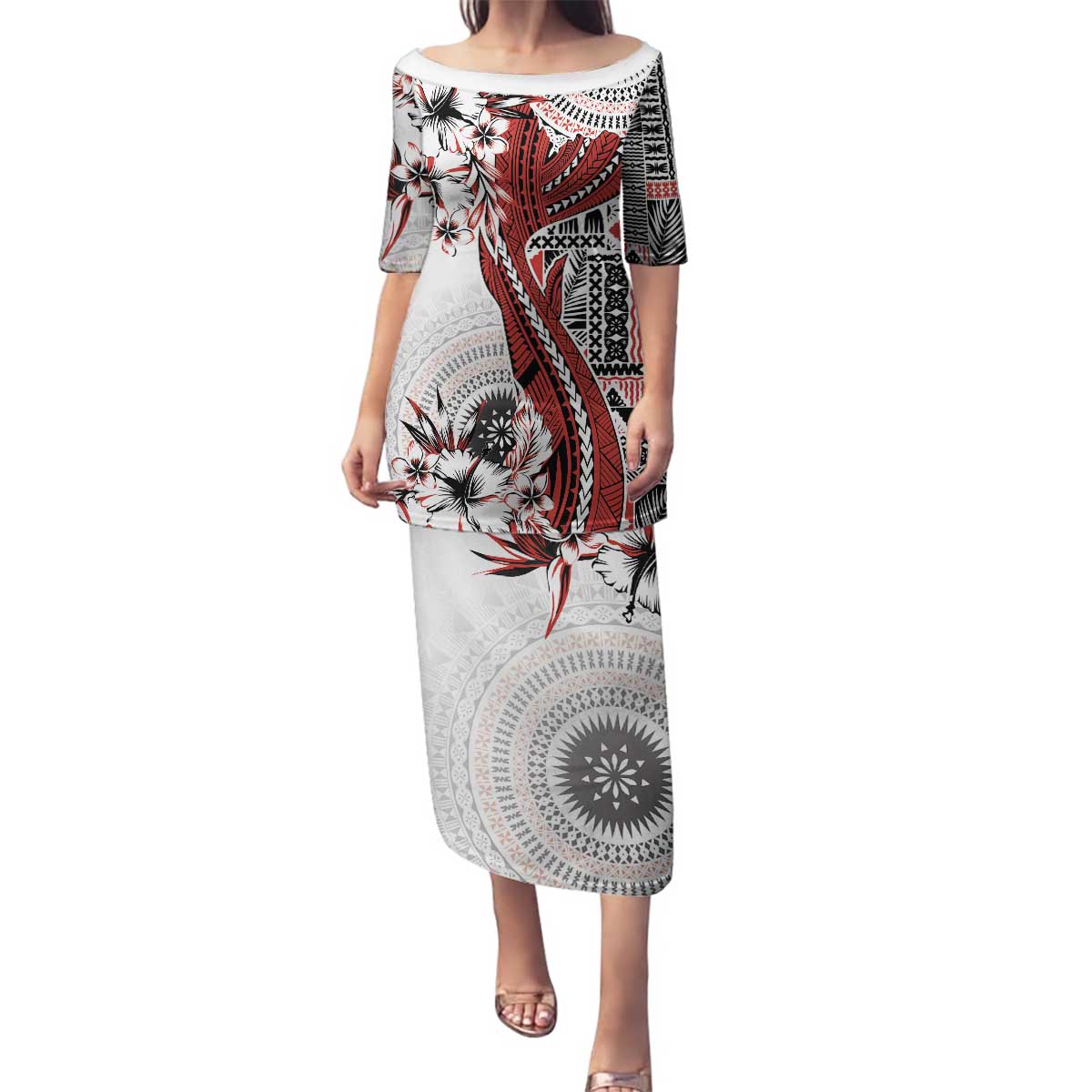 Bula Fiji Family Matching Puletasi and Hawaiian Shirt Shark Tail White Masi Tapa LT7 Mom's Dress White - Polynesian Pride