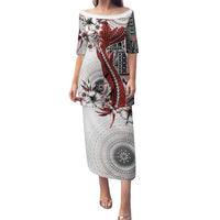 Bula Fiji Family Matching Puletasi and Hawaiian Shirt Shark Tail White Masi Tapa LT7 Mom's Dress White - Polynesian Pride