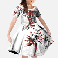 Bula Fiji Family Matching Short Sleeve Bodycon Dress and Hawaiian Shirt Shark Tail White Masi Tapa LT7 Daughter's Dress White - Polynesian Pride