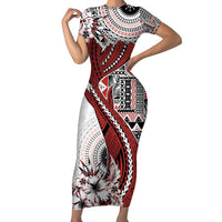 Bula Fiji Family Matching Short Sleeve Bodycon Dress and Hawaiian Shirt Shark Tail White Masi Tapa LT7 Mom's Dress White - Polynesian Pride