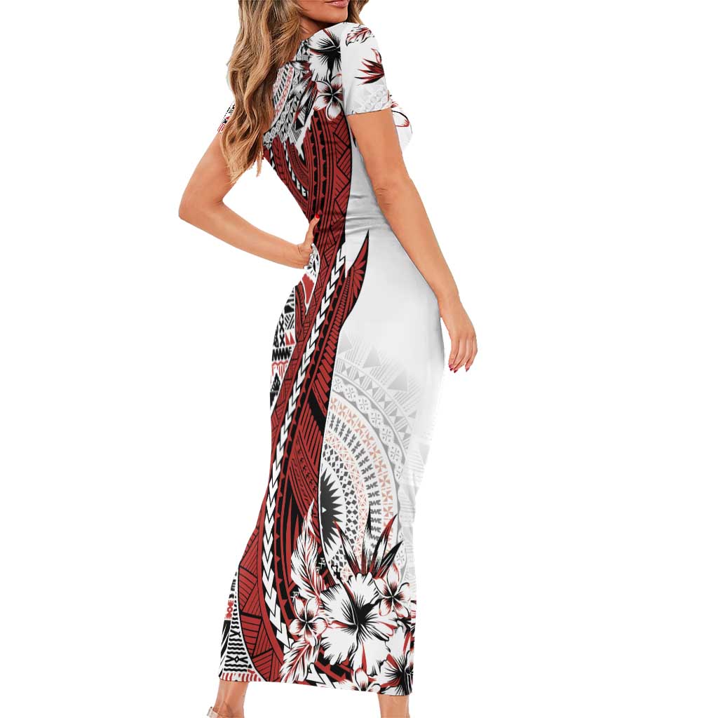 Bula Fiji Family Matching Short Sleeve Bodycon Dress and Hawaiian Shirt Shark Tail White Masi Tapa LT7 - Polynesian Pride