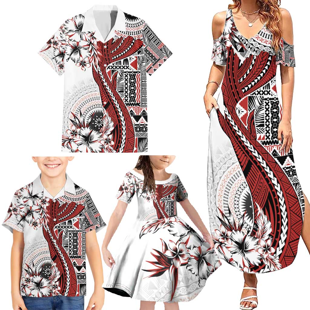 Bula Fiji Family Matching Summer Maxi Dress and Hawaiian Shirt Shark Tail White Masi Tapa LT7 - Polynesian Pride