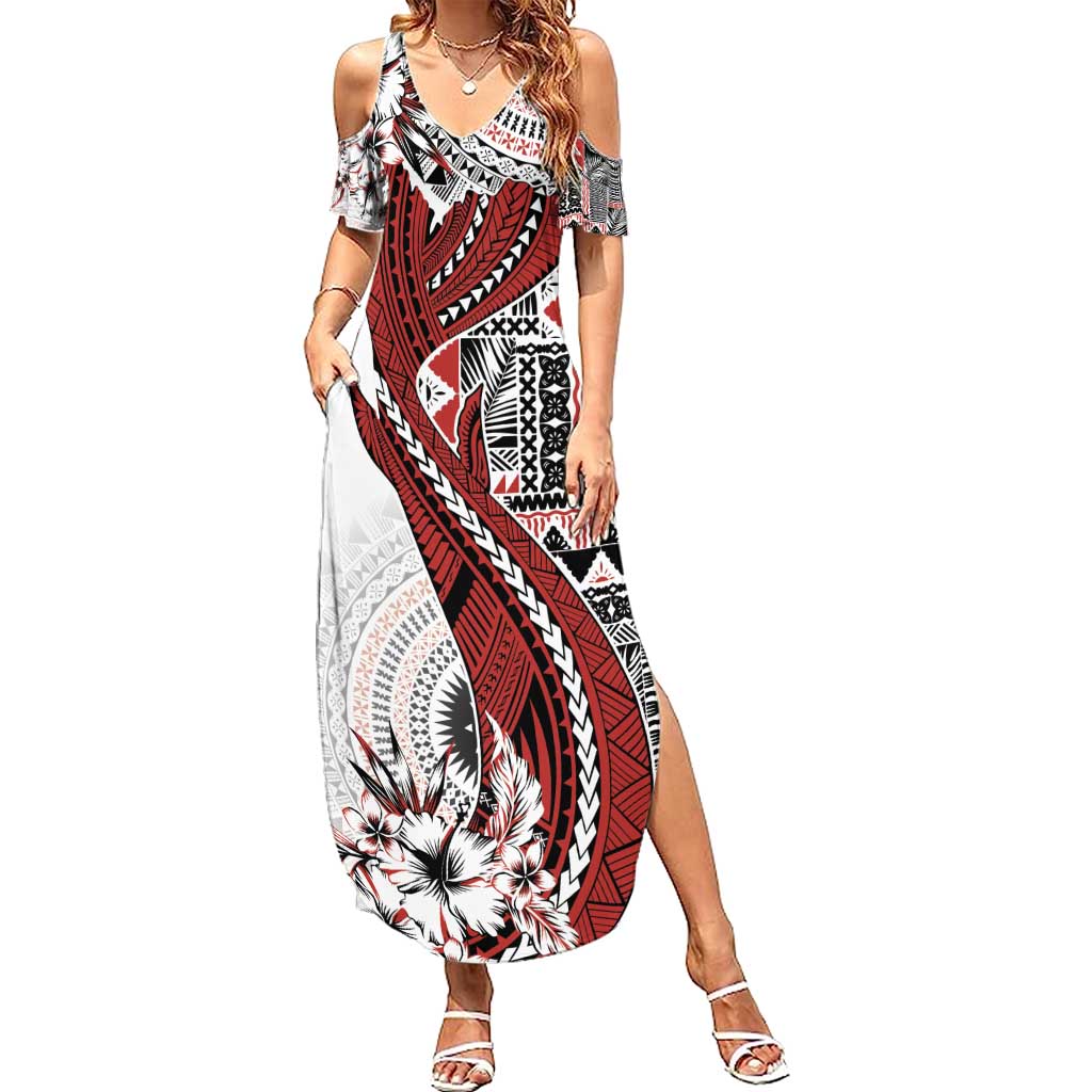 Bula Fiji Family Matching Summer Maxi Dress and Hawaiian Shirt Shark Tail White Masi Tapa LT7 Mom's Dress White - Polynesian Pride