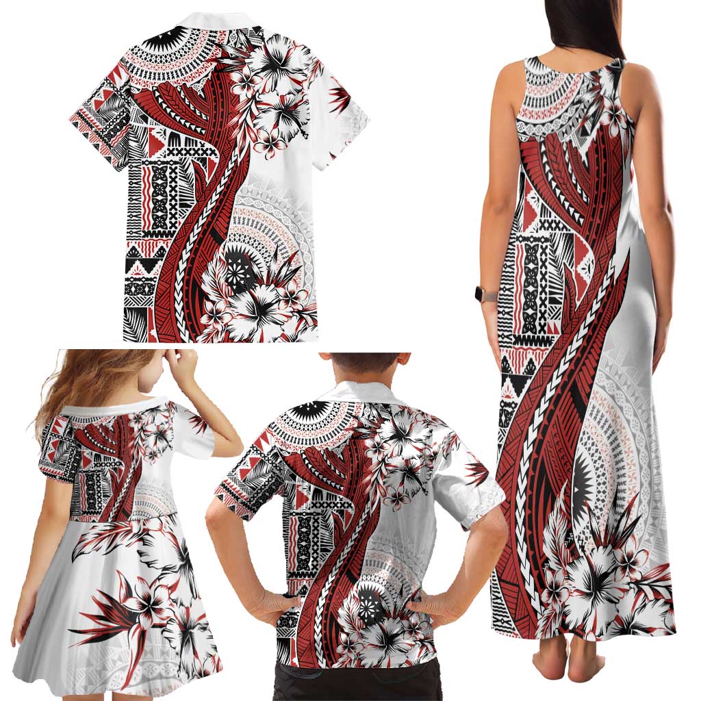 Bula Fiji Family Matching Tank Maxi Dress and Hawaiian Shirt Shark Tail White Masi Tapa LT7 - Polynesian Pride
