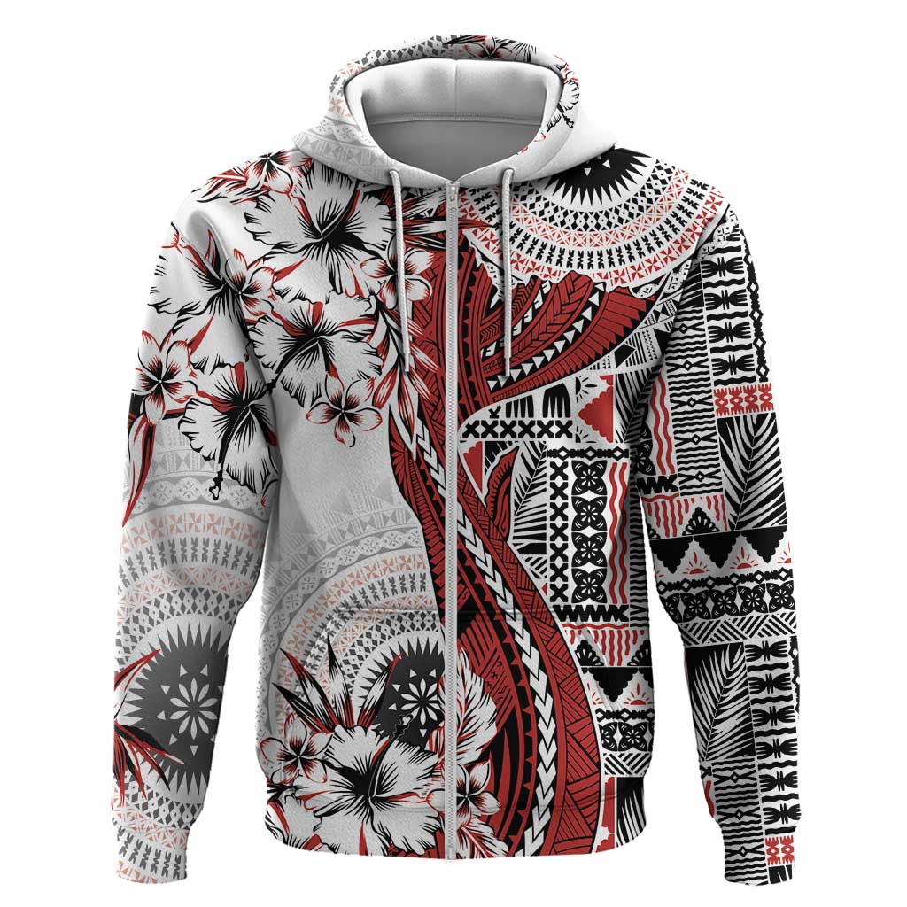 Bula Fiji Hoodie Shark Tail White Masi Tapa LT7 Zip Hoodie White - Polynesian Pride