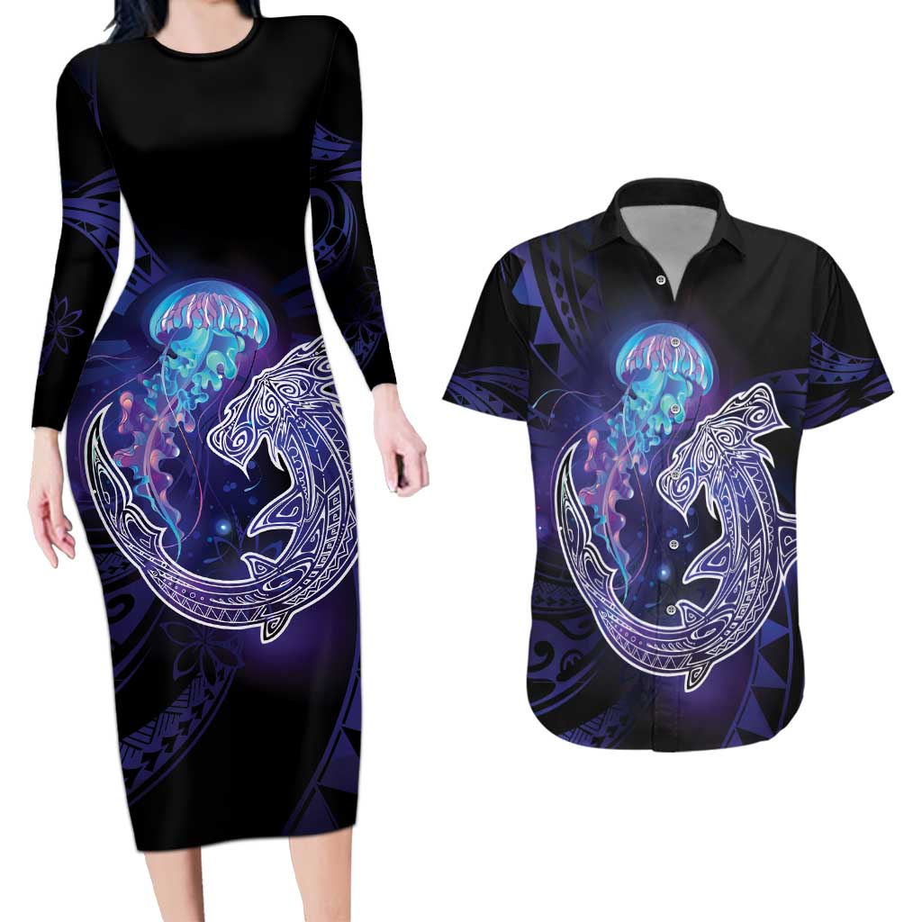Polynesian Aumakua Couples Matching Long Sleeve Bodycon Dress and Hawaiian Shirt Jellyfish with Shark LT7 Teal Purple - Polynesian Pride
