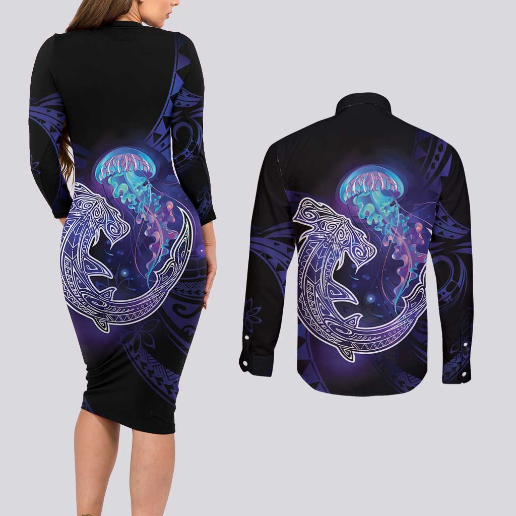 Polynesian Aumakua Couples Matching Long Sleeve Bodycon Dress and Long Sleeve Button Shirt Jellyfish with Shark LT7 - Polynesian Pride