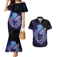 Polynesian Aumakua Couples Matching Mermaid Dress and Hawaiian Shirt Jellyfish with Shark LT7 Teal Purple - Polynesian Pride