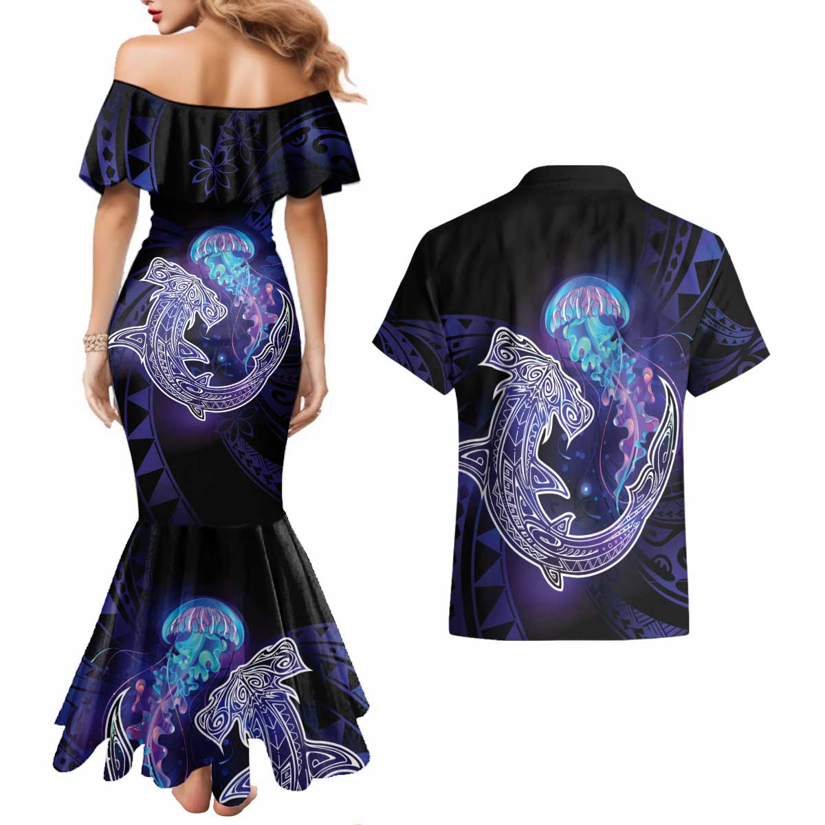 Polynesian Aumakua Couples Matching Mermaid Dress and Hawaiian Shirt Jellyfish with Shark LT7 - Polynesian Pride