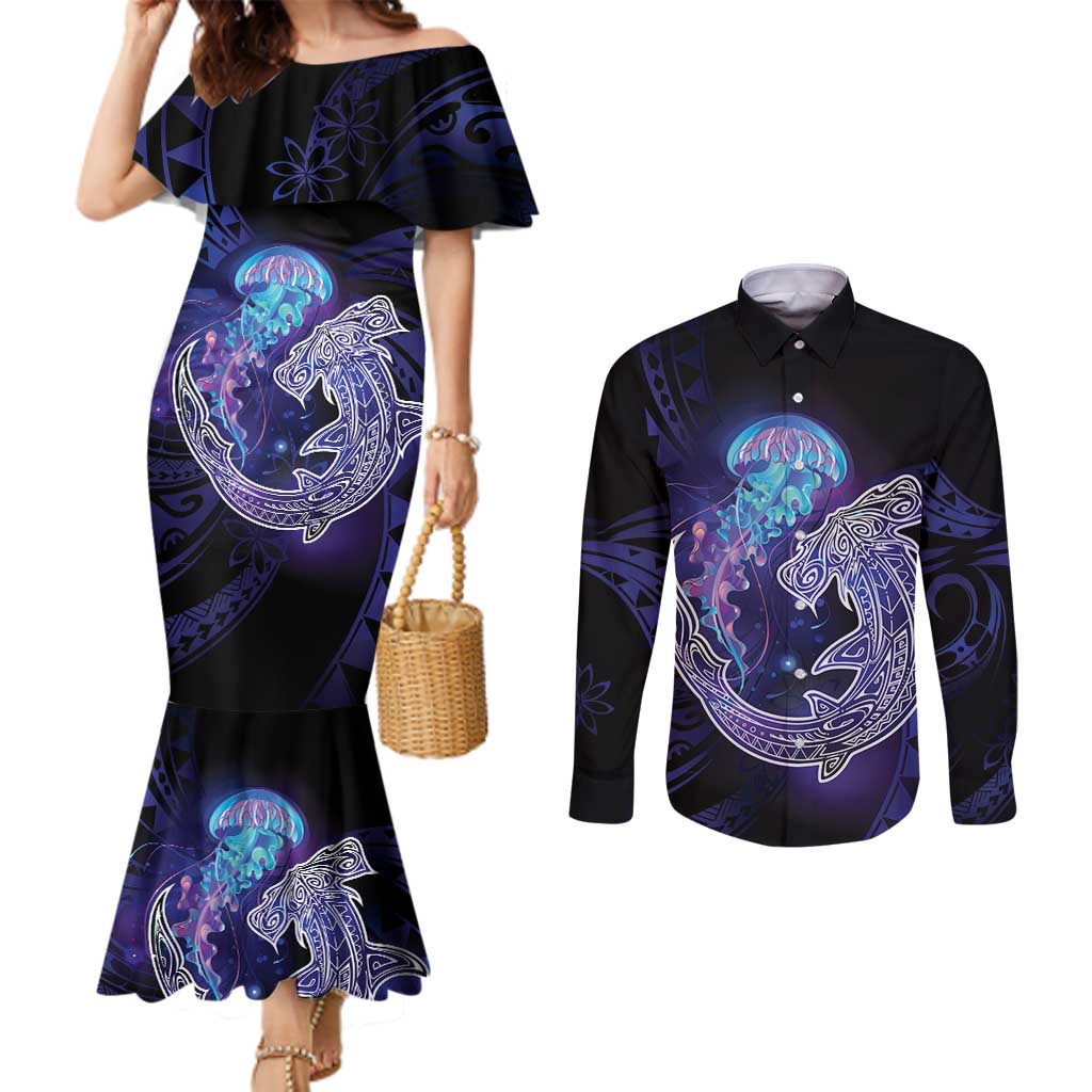 Polynesian Aumakua Couples Matching Mermaid Dress and Long Sleeve Button Shirt Jellyfish with Shark LT7 Teal Purple - Polynesian Pride