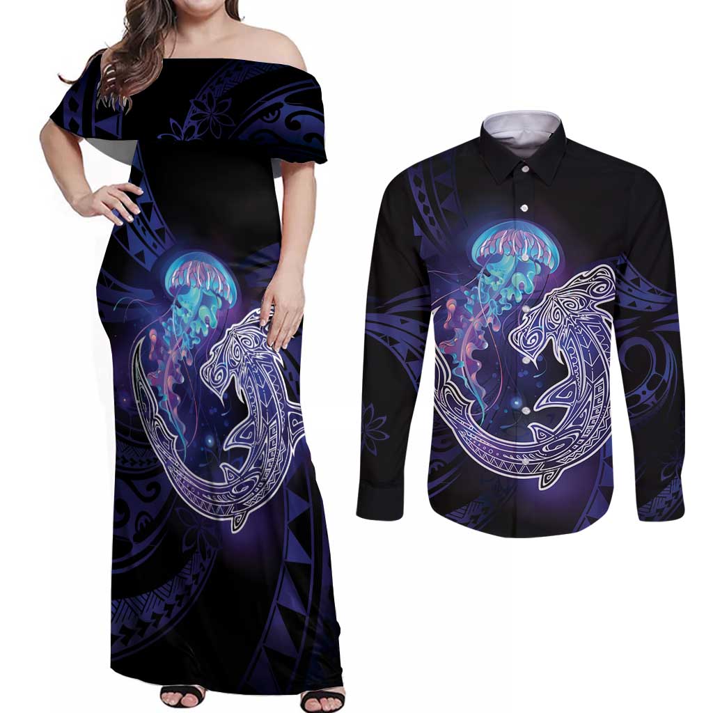 Polynesian Aumakua Couples Matching Off Shoulder Maxi Dress and Long Sleeve Button Shirt Jellyfish with Shark LT7 Teal Purple - Polynesian Pride