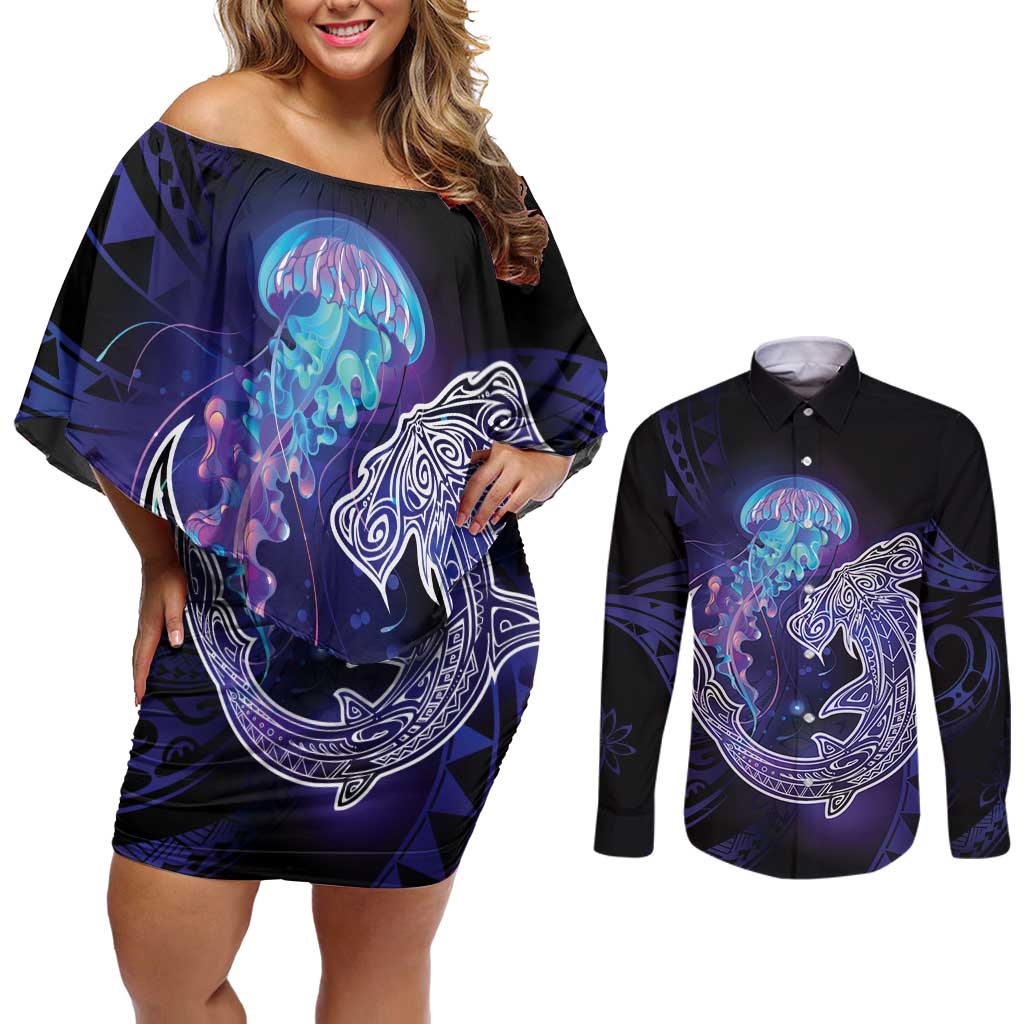 Polynesian Aumakua Couples Matching Off Shoulder Short Dress and Long Sleeve Button Shirt Jellyfish with Shark LT7 Teal Purple - Polynesian Pride