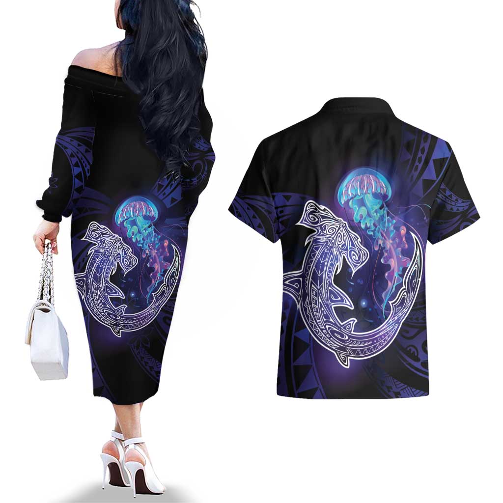 Polynesian Aumakua Couples Matching Off The Shoulder Long Sleeve Dress and Hawaiian Shirt Jellyfish with Shark LT7 - Polynesian Pride