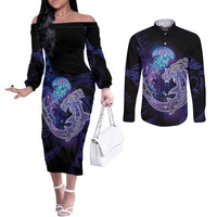 Polynesian Aumakua Couples Matching Off The Shoulder Long Sleeve Dress and Long Sleeve Button Shirt Jellyfish with Shark LT7 Teal Purple - Polynesian Pride