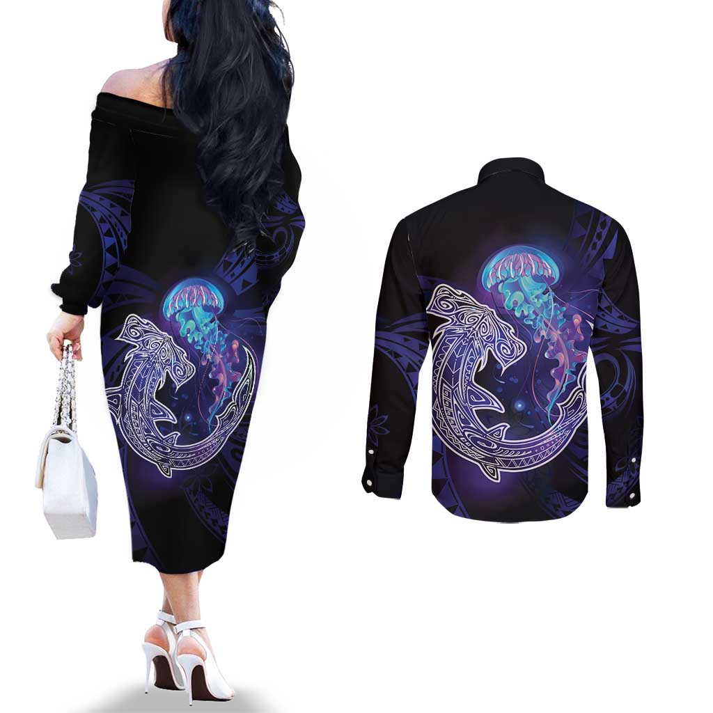 Polynesian Aumakua Couples Matching Off The Shoulder Long Sleeve Dress and Long Sleeve Button Shirt Jellyfish with Shark LT7 - Polynesian Pride