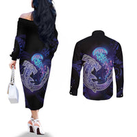 Polynesian Aumakua Couples Matching Off The Shoulder Long Sleeve Dress and Long Sleeve Button Shirt Jellyfish with Shark LT7 - Polynesian Pride