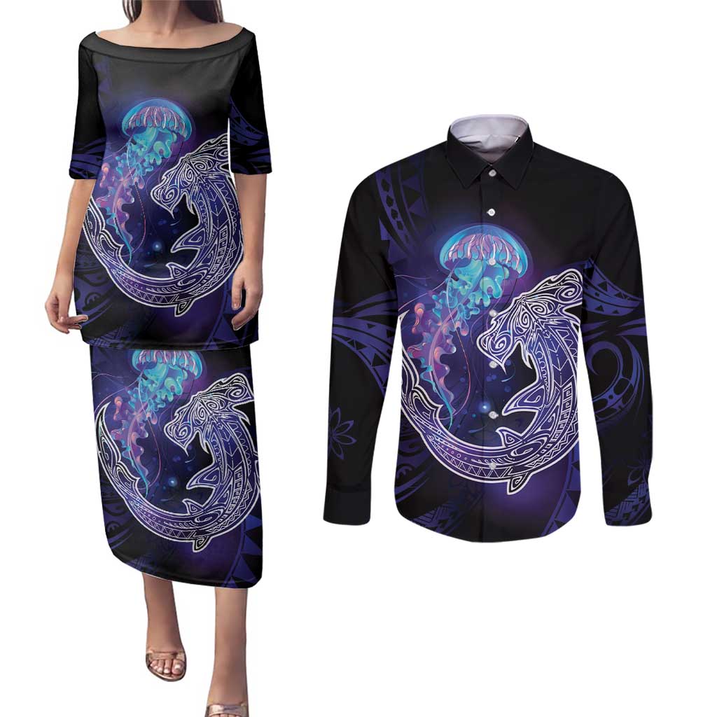 Polynesian Aumakua Couples Matching Puletasi and Long Sleeve Button Shirt Jellyfish with Shark LT7 Teal Purple - Polynesian Pride