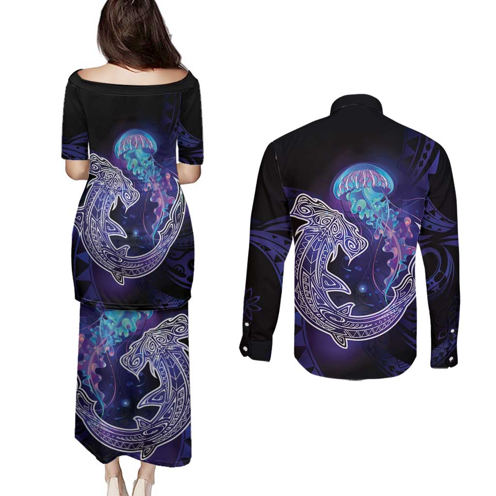 Polynesian Aumakua Couples Matching Puletasi and Long Sleeve Button Shirt Jellyfish with Shark - Polynesian Pride