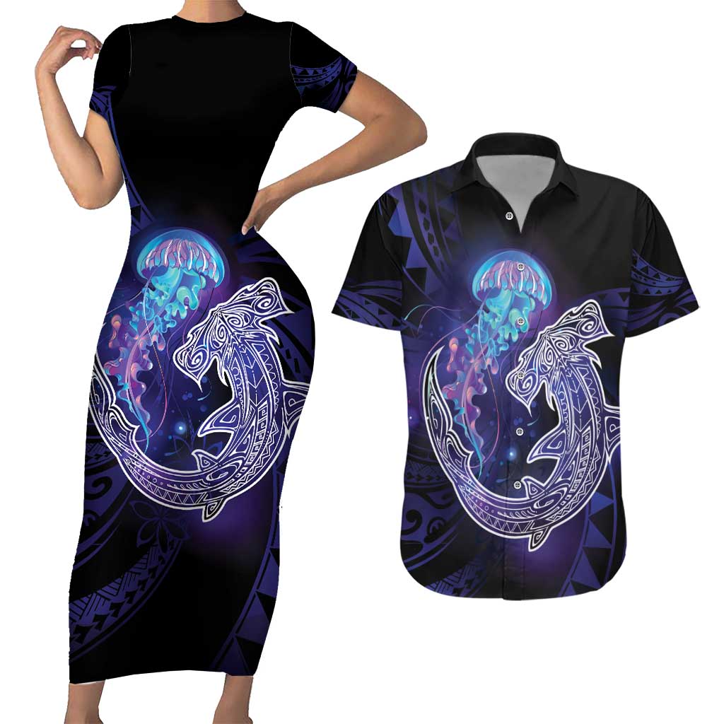 Polynesian Aumakua Couples Matching Short Sleeve Bodycon Dress and Hawaiian Shirt Jellyfish with Shark LT7 Teal Purple - Polynesian Pride