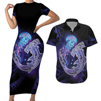 Polynesian Aumakua Couples Matching Short Sleeve Bodycon Dress and Hawaiian Shirt Jellyfish with Shark LT7 Teal Purple - Polynesian Pride