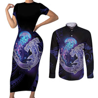 Polynesian Aumakua Couples Matching Short Sleeve Bodycon Dress and Long Sleeve Button Shirt Jellyfish with Shark LT7 Teal Purple - Polynesian Pride
