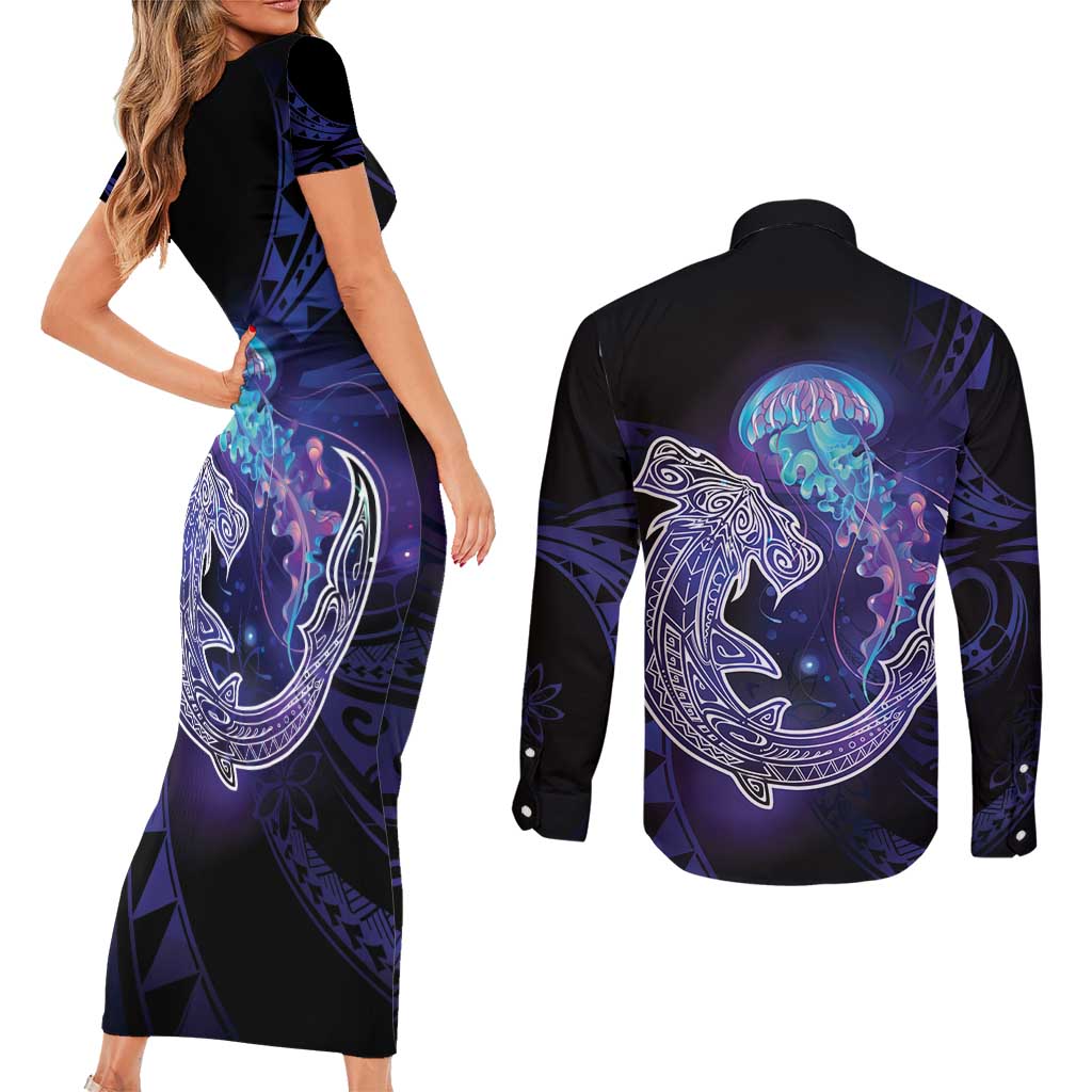 Polynesian Aumakua Couples Matching Short Sleeve Bodycon Dress and Long Sleeve Button Shirt Jellyfish with Shark LT7 - Polynesian Pride