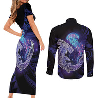 Polynesian Aumakua Couples Matching Short Sleeve Bodycon Dress and Long Sleeve Button Shirt Jellyfish with Shark LT7 - Polynesian Pride