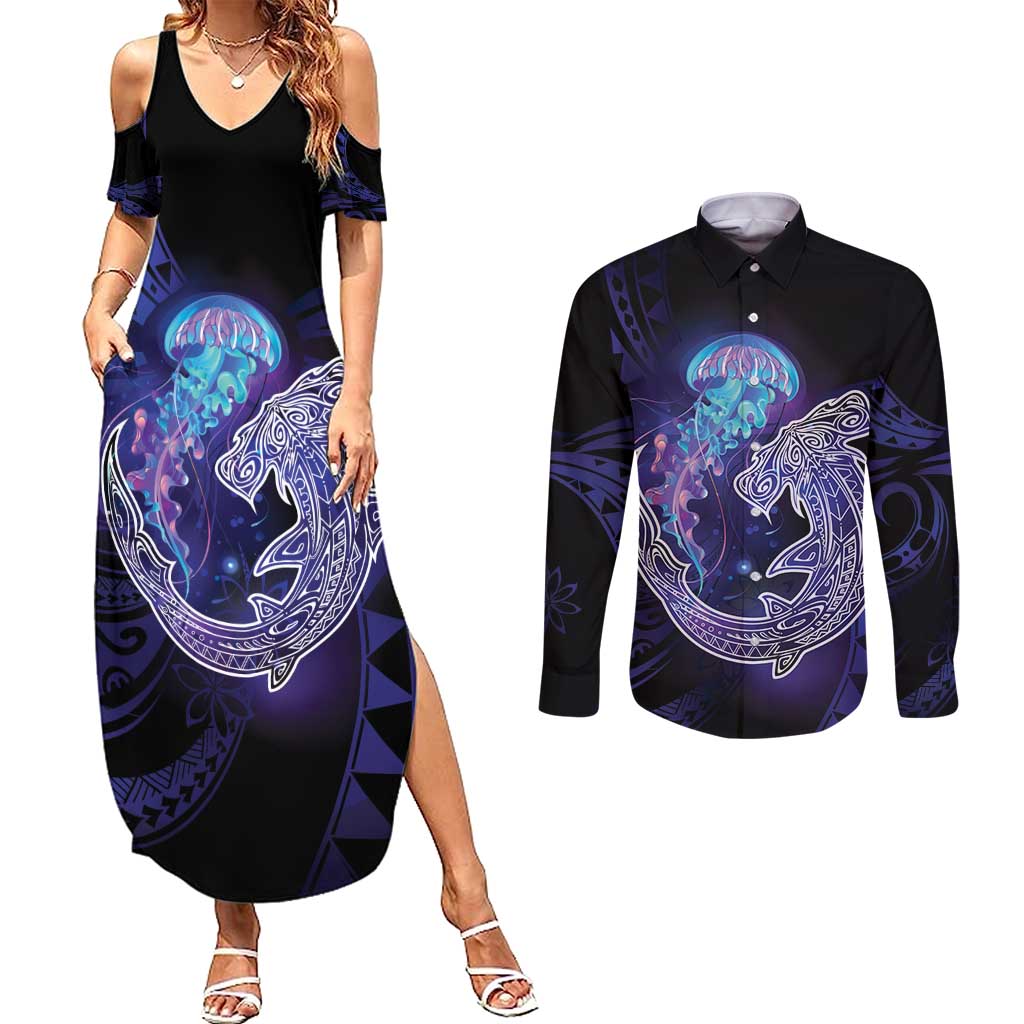 Polynesian Aumakua Couples Matching Summer Maxi Dress and Long Sleeve Button Shirt Jellyfish with Shark LT7 Teal Purple - Polynesian Pride