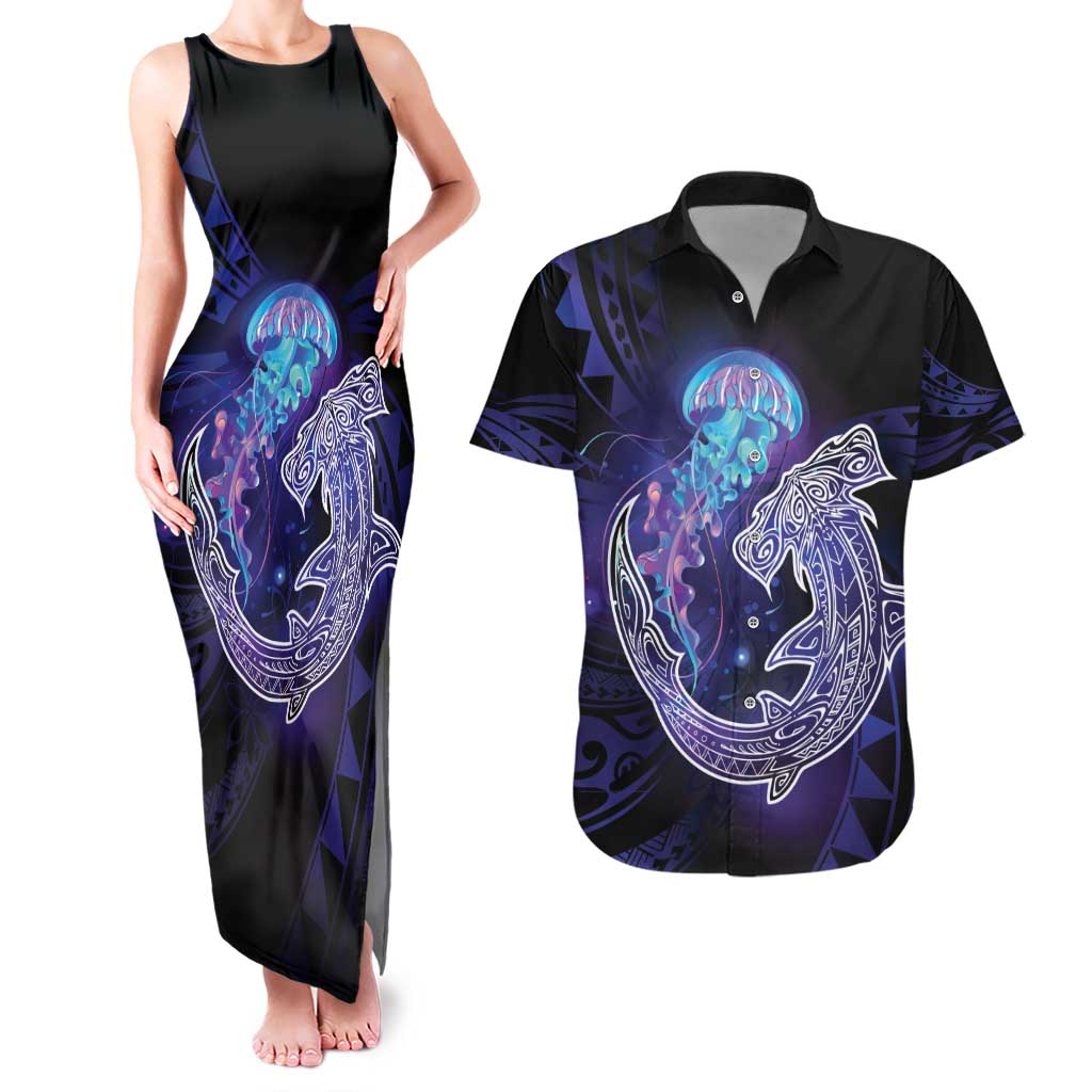 Polynesian Aumakua Couples Matching Tank Maxi Dress and Hawaiian Shirt Jellyfish with Shark LT7 Teal Purple - Polynesian Pride
