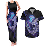 Polynesian Aumakua Couples Matching Tank Maxi Dress and Hawaiian Shirt Jellyfish with Shark LT7 Teal Purple - Polynesian Pride