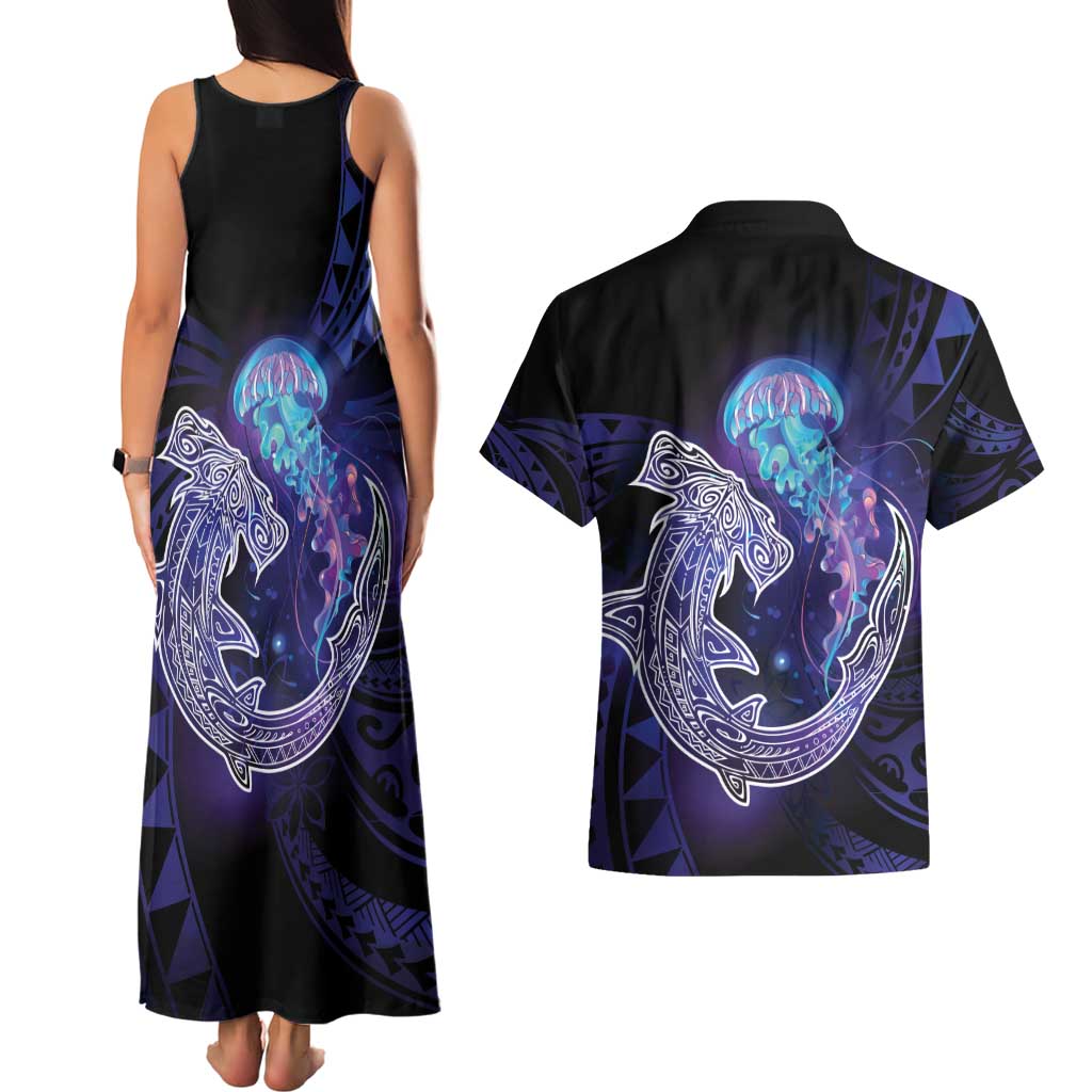 Polynesian Aumakua Couples Matching Tank Maxi Dress and Hawaiian Shirt Jellyfish with Shark LT7 - Polynesian Pride