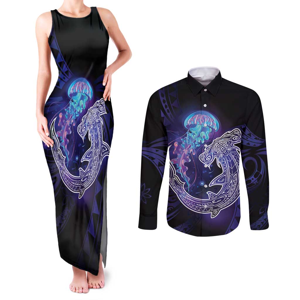 Polynesian Aumakua Couples Matching Tank Maxi Dress and Long Sleeve Button Shirt Jellyfish with Shark LT7 Teal Purple - Polynesian Pride