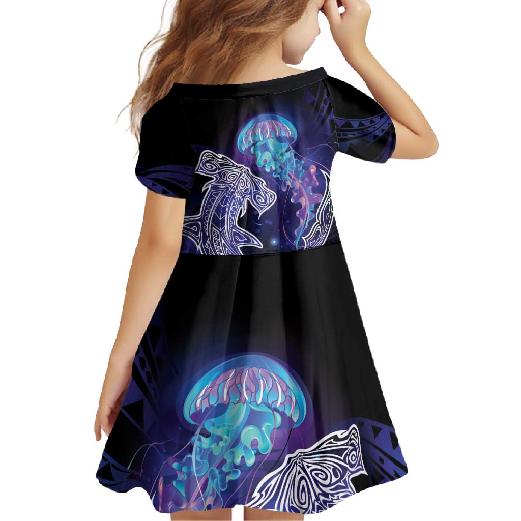 Polynesian Aumakua Family Matching Long Sleeve Bodycon Dress and Hawaiian Shirt Jellyfish with Shark LT7 - Polynesian Pride